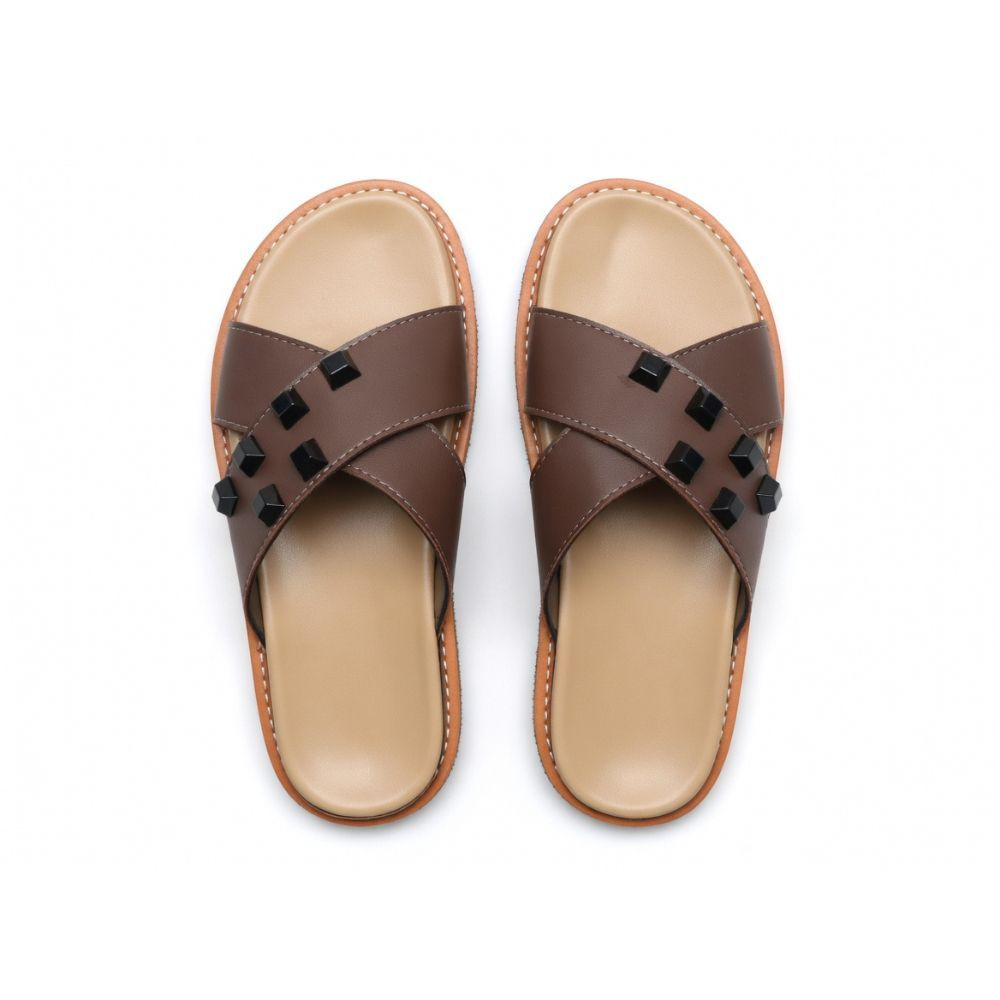 Men Premium Cross Strap Leather Slippers
